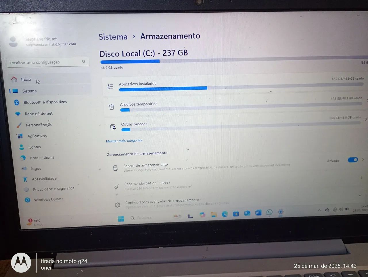 Notebook lenovo- 237 GB - 48,9 GB usado