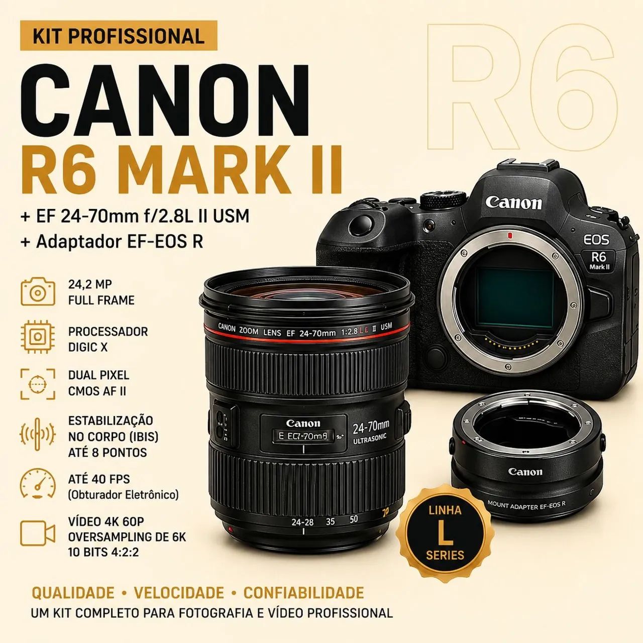KIT Câmera Canon EOS R6 + Lente Canon EF 24-70mm + adaptador EF