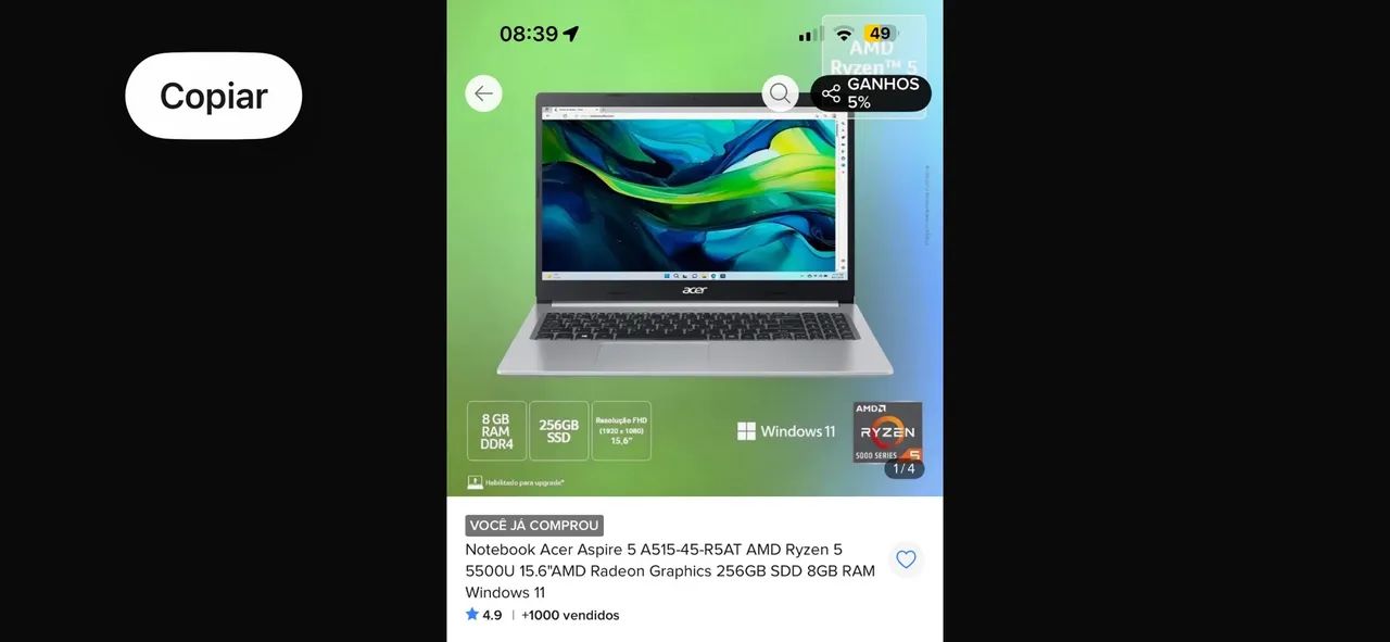 notebook ACER ASPIRE 5 a515 256 giga  - Foto 5