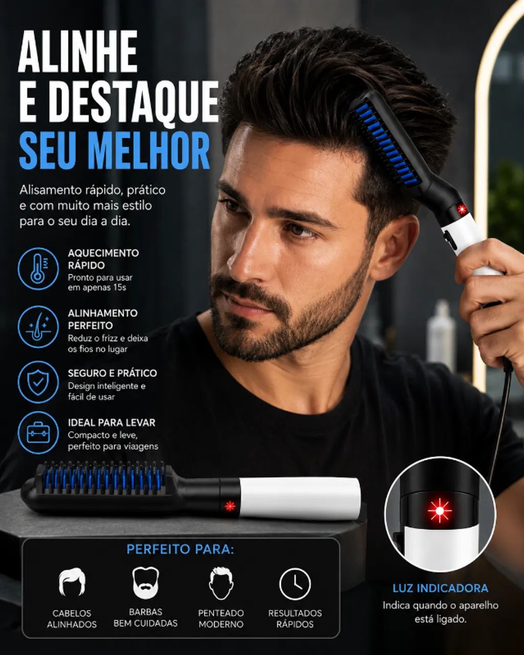 Pente Alisador de Cabelo e Barba Masculino Elétrico Bivolt Profissional Anti Frizz - Foto 5