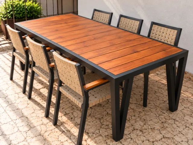 Mesa de Jantar 2,20m com 6 Cadeiras Madeira e Ferro
