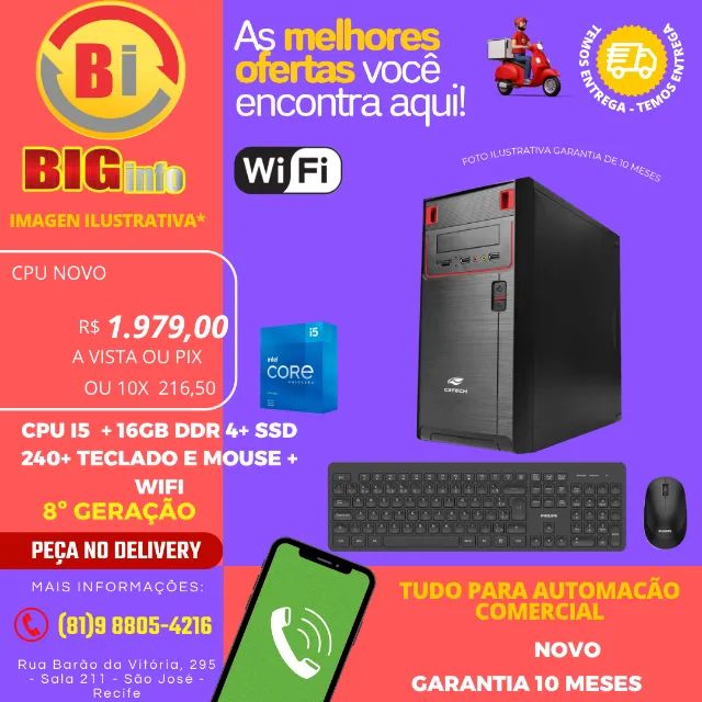 Computador CPU, Intel Core i5 9400f, 16GB RAM DDR4 SSD 240 - Com NOTA em Ate 10x Fixas