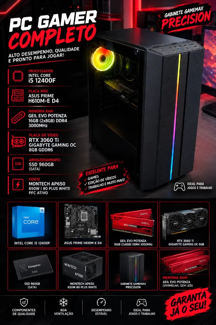 PC Gamer I5 12400f, RTX 3060TI, 16gb (2x8) DDR4, SSD 1tb