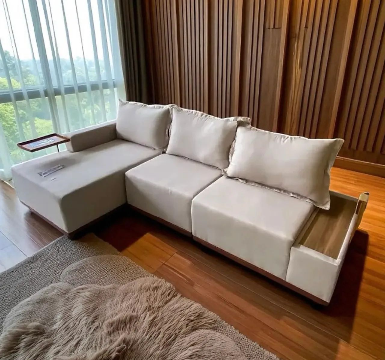 Sofá Living Suiça 6 Lugares com Chaise 288cm Tecido Linho - Foto 3