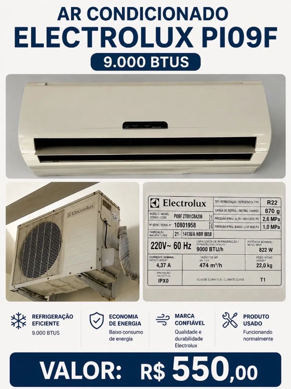 AR CONDICIONADO ELECTROLUX PI09F / 9.000 BTUs