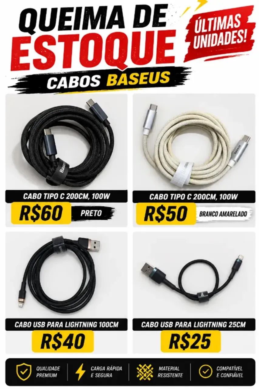 Cabos Baseus - Queima de Estoque