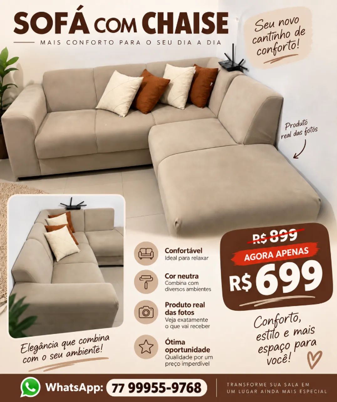 Sofá com Chaise ? Confortável, Bonito e Bem Conservado