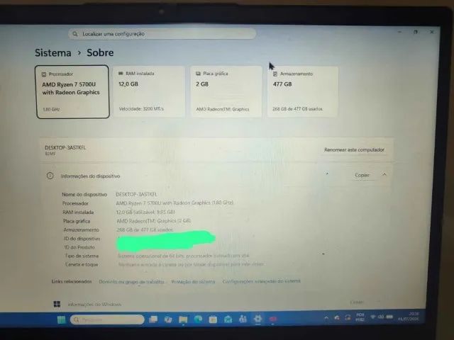 Notebook Lenovo Ideapad 3 Ryzen 7 5700u 12gb RAM