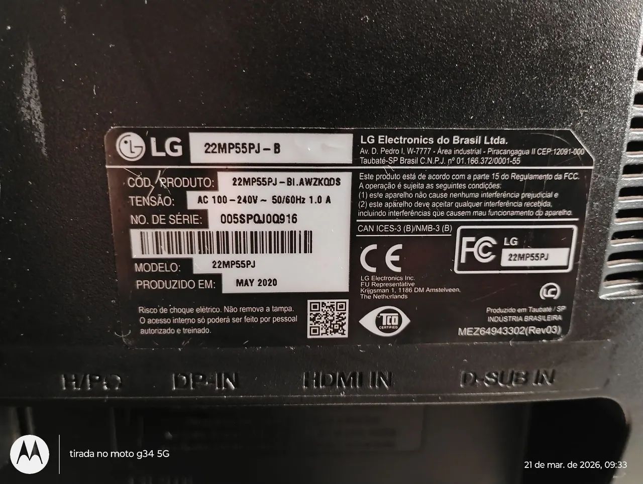 Monitor LG 21,5 polegadas Full HD IPS415076752253276161