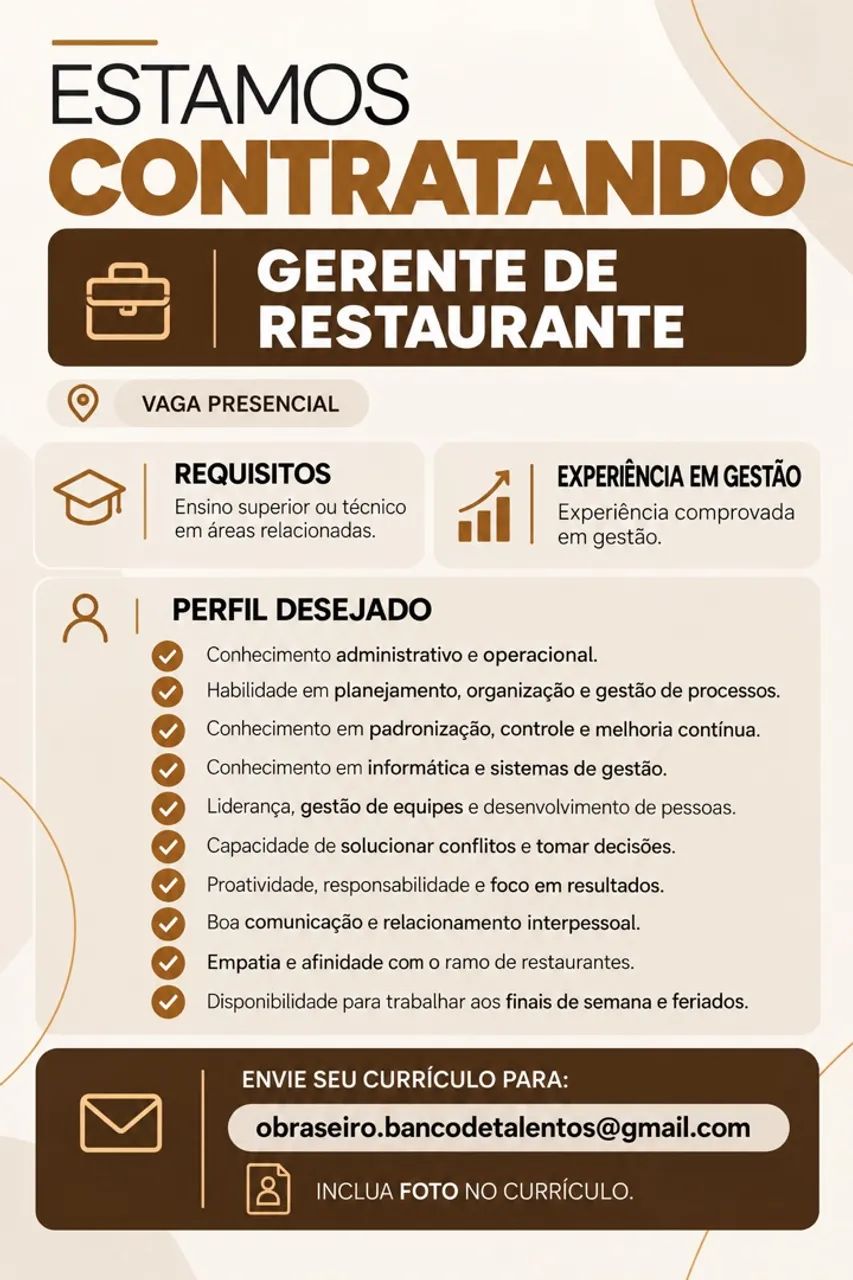 ? VAGA ABERTA | GERENTE DE RESTAURANTE