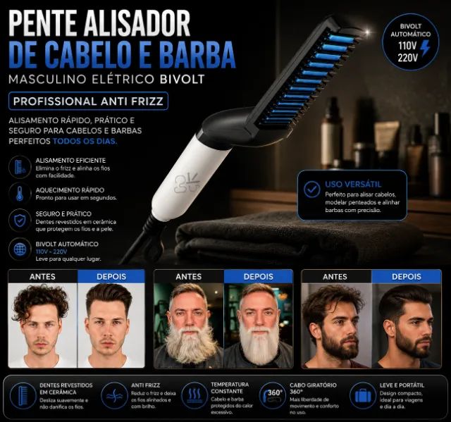 Pente Alisador de Cabelo e Barba Masculino Elétrico Bivolt Profissional Anti Frizz - Foto 4