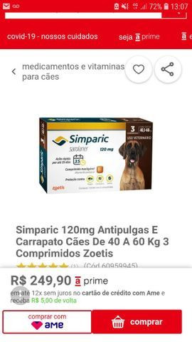 Vendo uma caixa de simparic 120 mg com 3 comprimindo peso 40 a 60 kilo