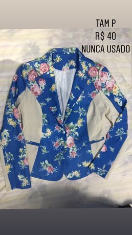 Blazer Forrado Azul Bege Floral Tam P 38 - Novo