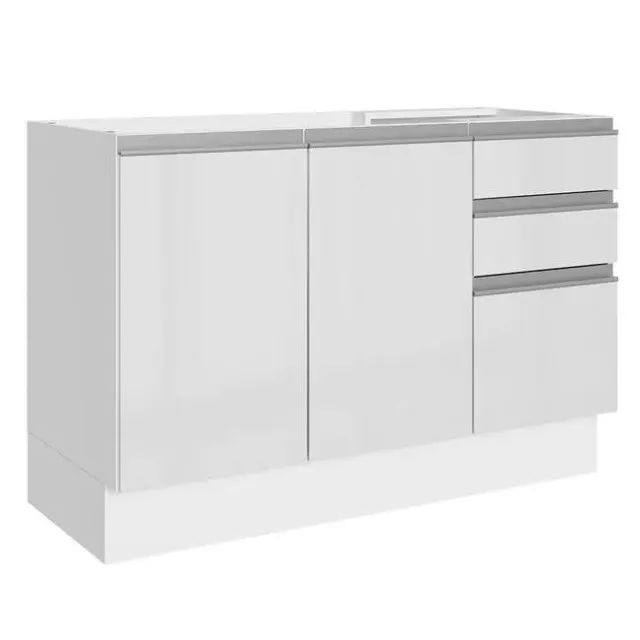  Balcão Gabinete de Pia 100% MDF 120 cm 3 Portas e 2 Gavetas Frentes Branco
