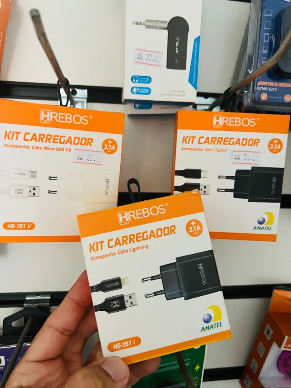 Kit Hrebos - Carregador com Cabo Tipo-C, iphone ou V8