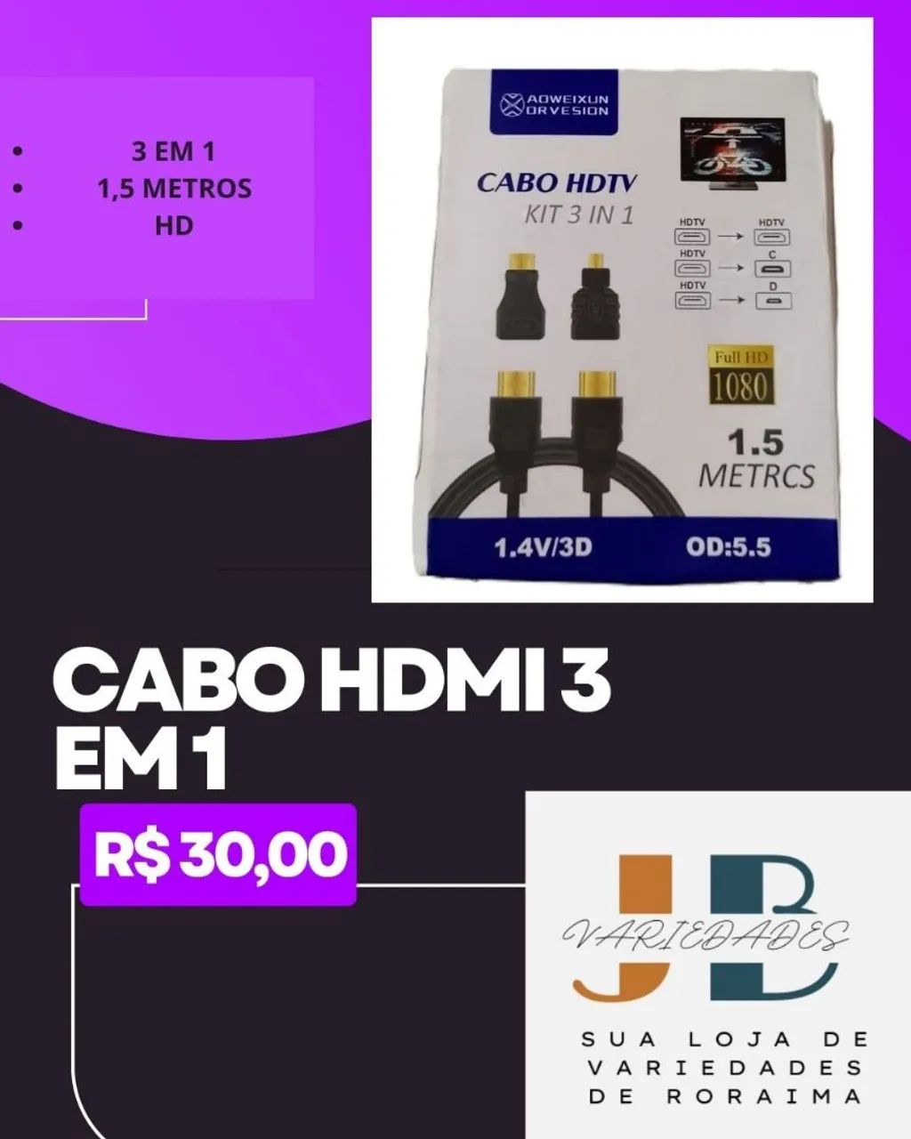 Cabo HDMI 3 em 1 - 1,5 Metros - Full HD 