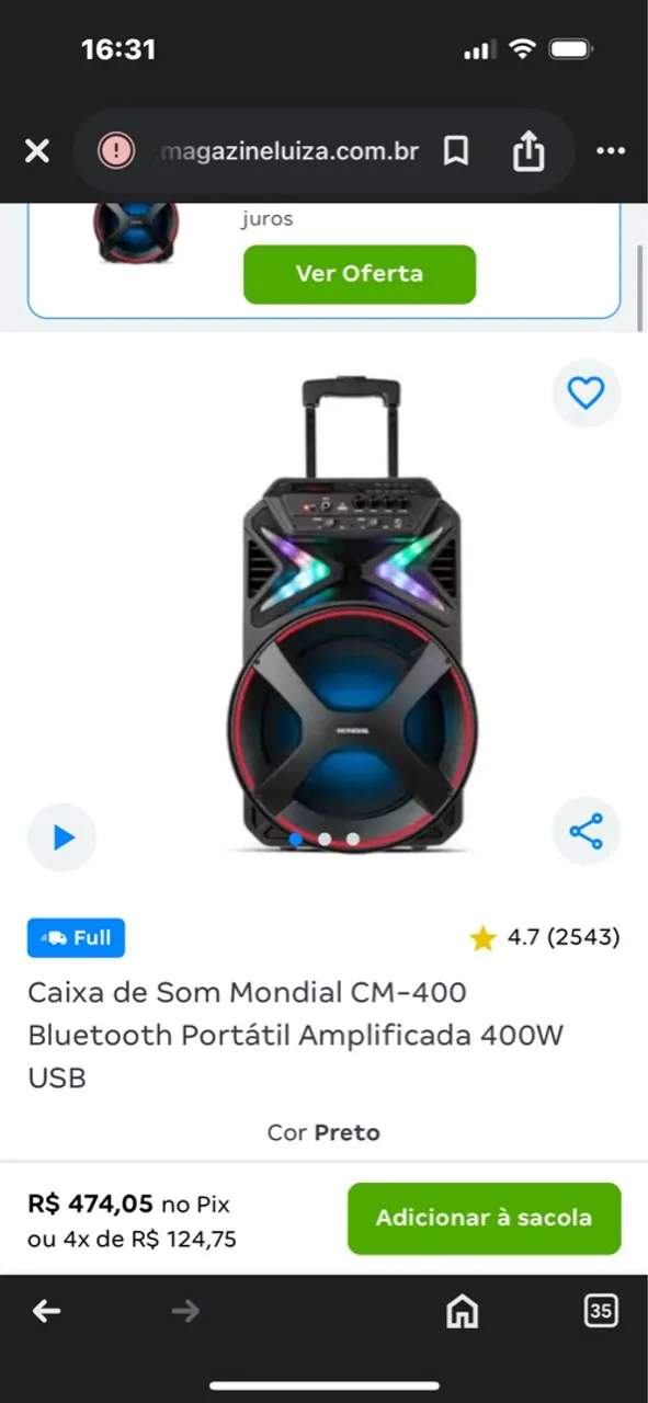 Caixa de Som Mondial CM-400 Bluetooth Portátil Amplificada 400W USB
