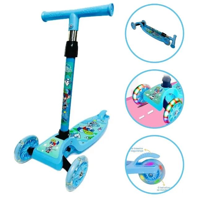 Patinete Infantil 3 Rodas De Led Dobrável Reforçada -Azul - Foto 2
