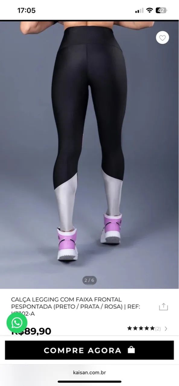 Calça Legging com Faixa Frontal - Preta/Prata/Rosa - Foto 3