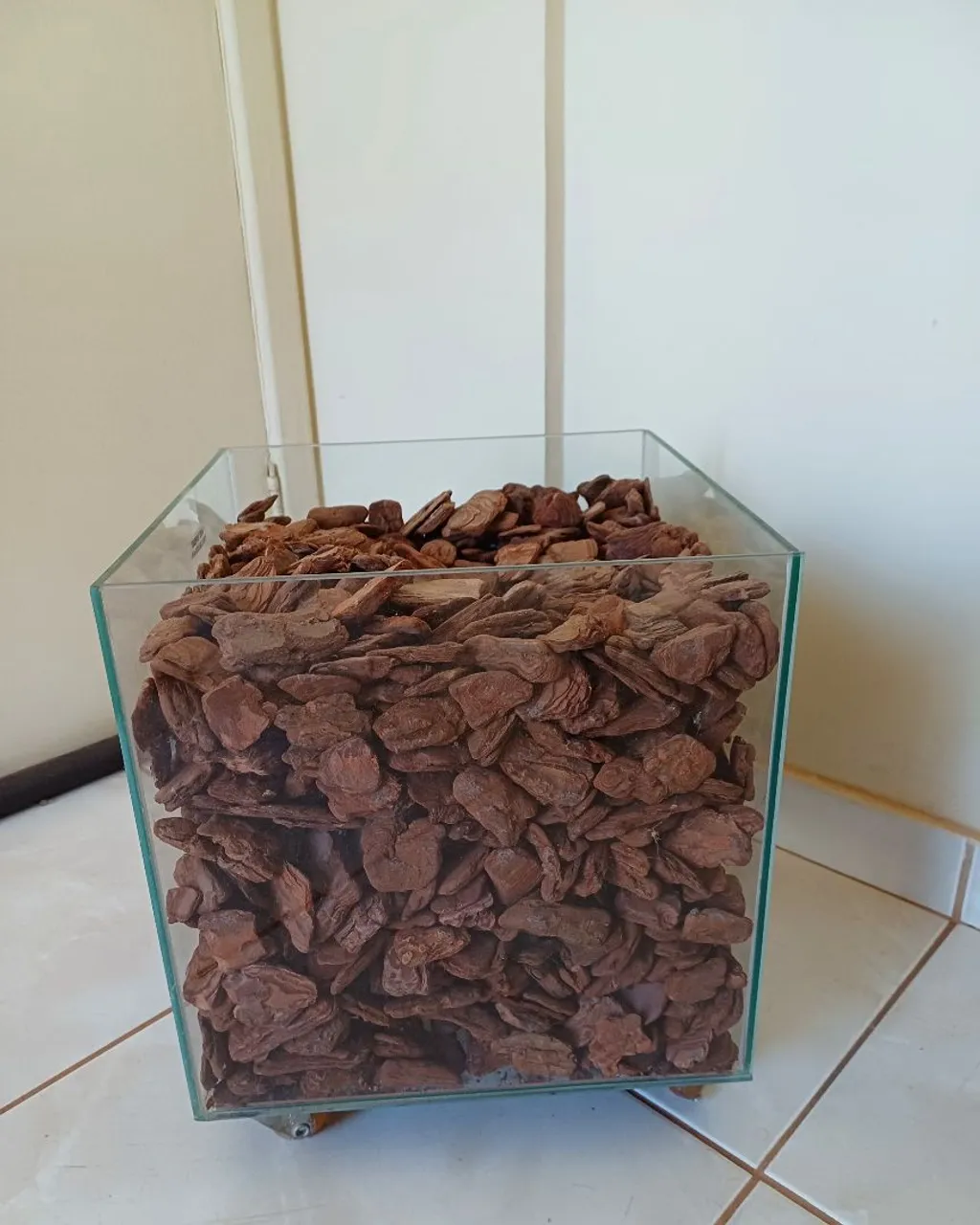 Vaso decorativo de vidro (cachepot) com rodas e casca de árvore