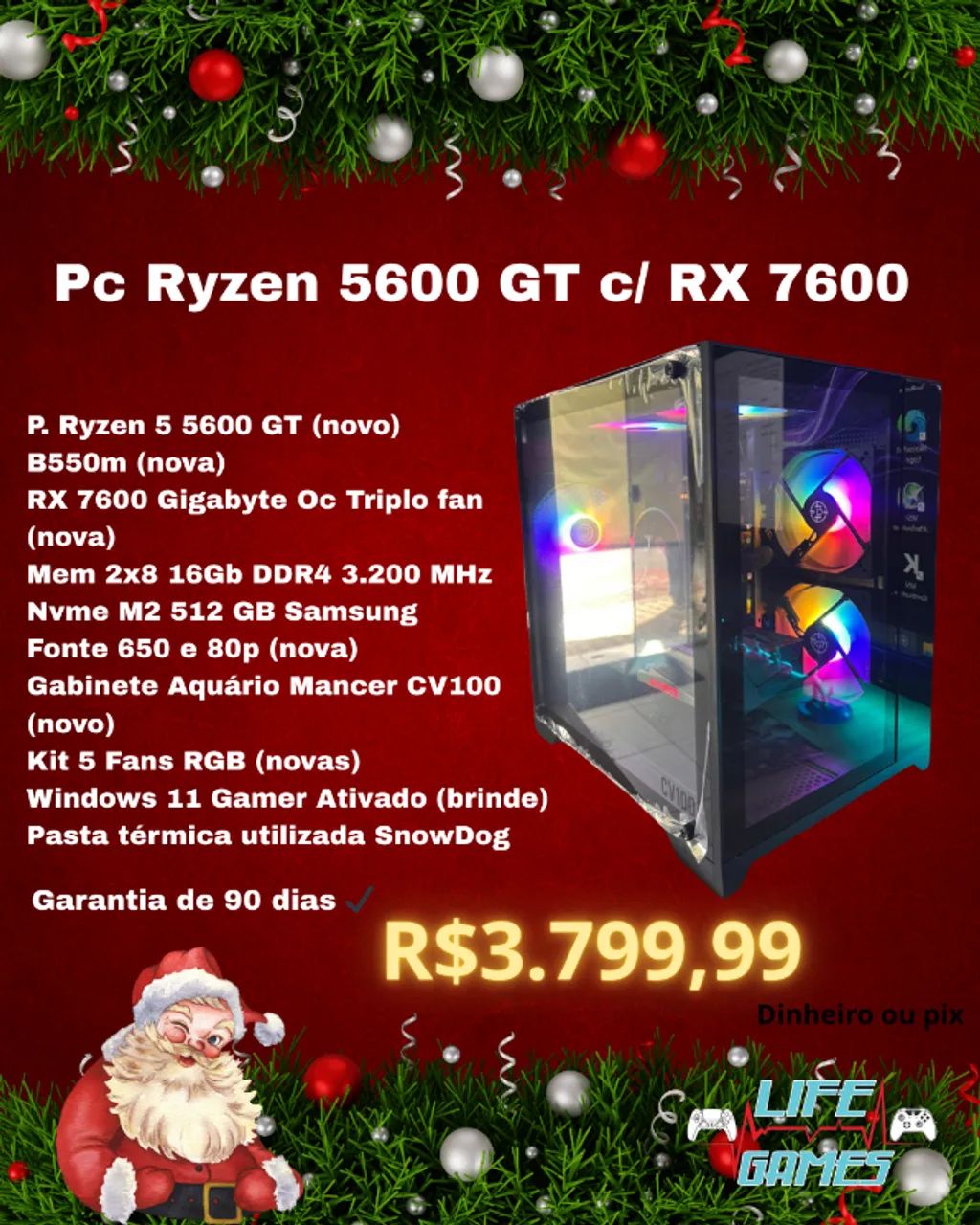 Pc Ryzen 5600 GT c/ RX 7600 com garantia, loja física