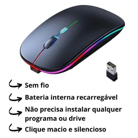 Mouse Sem Fio Wireless Com Bateria Interna Recarregável 2,4 ghz Led RGB - Foto 4