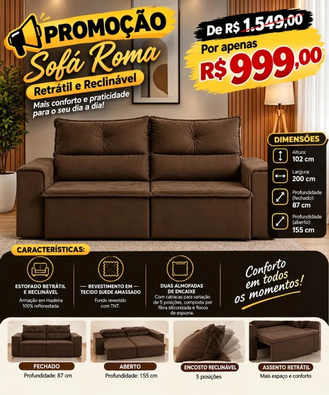 Sofa Roma veludo marrom QUEIMÃO DE ESTOQUE 