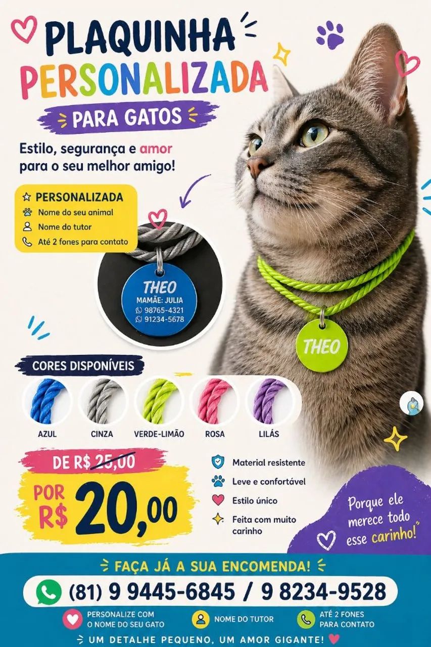 Coleira ajustável para gatos com placa de identificação personalizada  - Foto 2