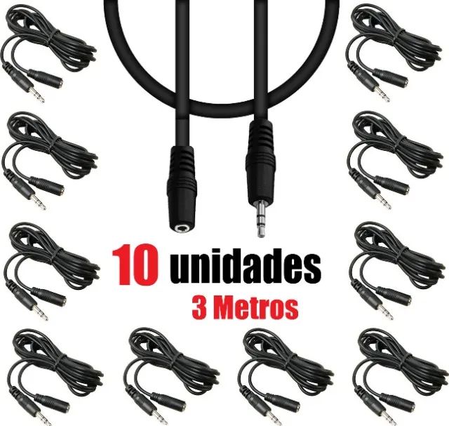 Kit 10 Cabo Extensor P2 Áudio Fone de Ouvido Microfone Headset Macho Femea Extensão