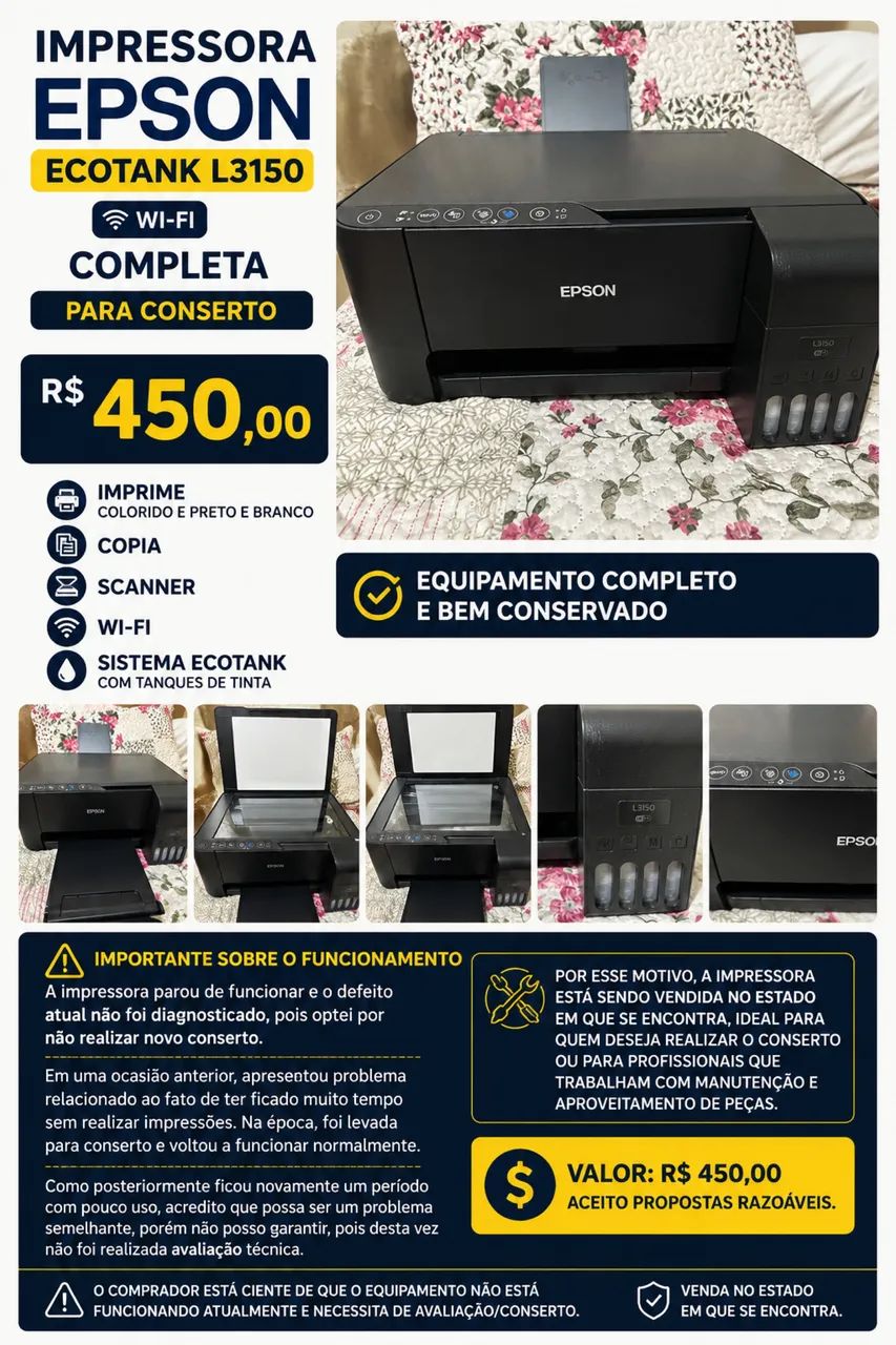 Impressora Epson EcoTank L3150 Wi-Fi - Completa - R$ 450