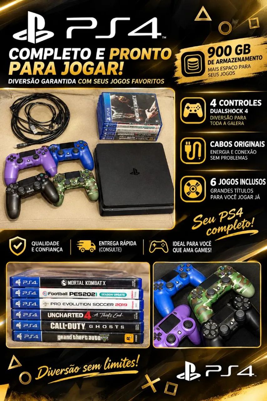 PS4 SLIM COM 4 CONTROLES