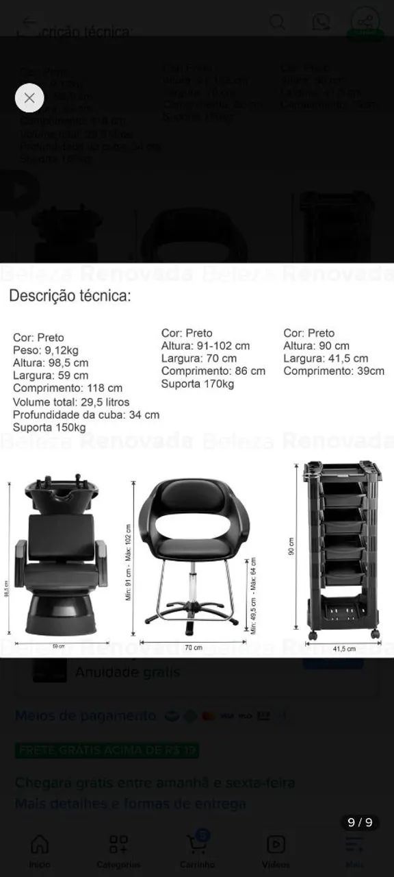 Kit lavatório cabelo champ Dompel + cadeira + carrinho