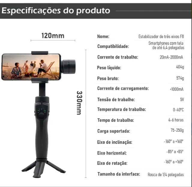 Estabilizador Gimbal F8 Celular Smartphone Até 7 Polegadas Cor Preto - Foto 3