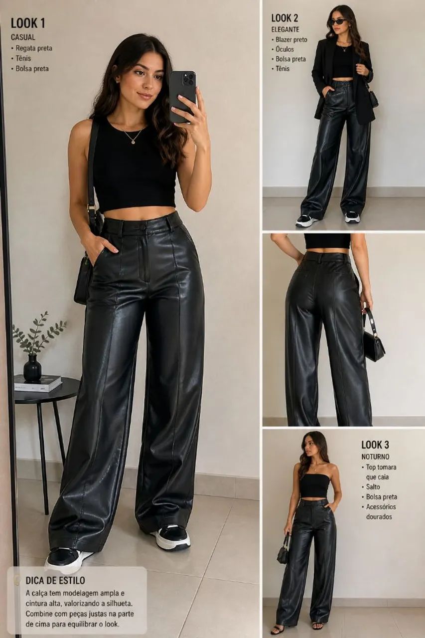 Calça Wig Leg com bolso em couro - Foto 5