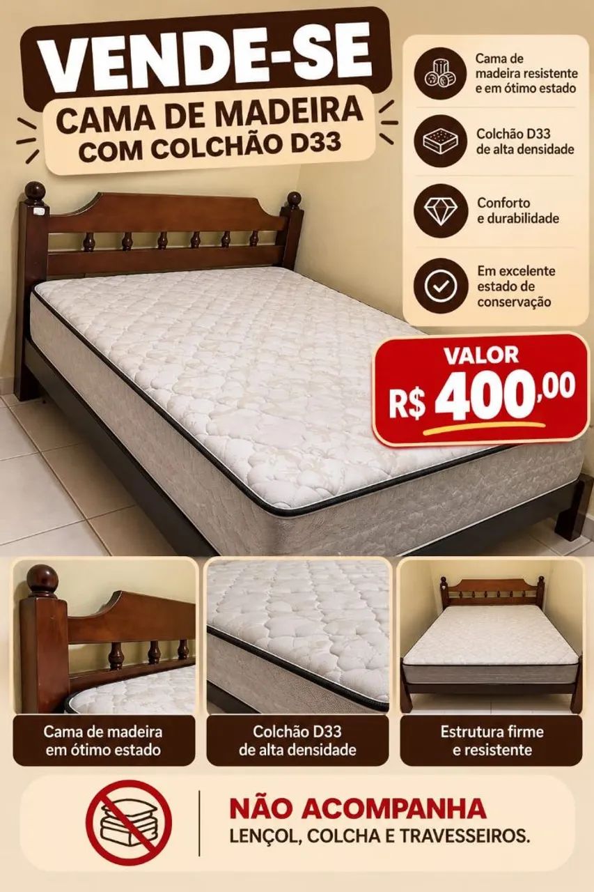 Cama de casal madeira e colchão 