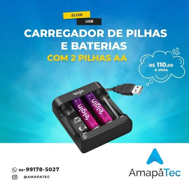 Carregador de Pilhas e Baterias USB com 2 Pilhas AA
