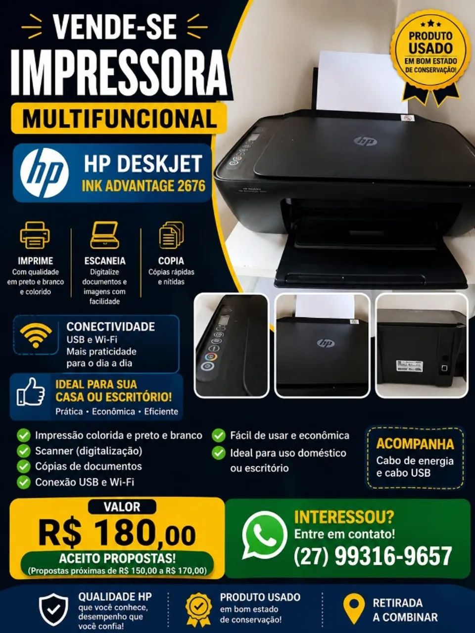 Impressora Multifuncional HP DeskJet 2676 Wi-Fi USB