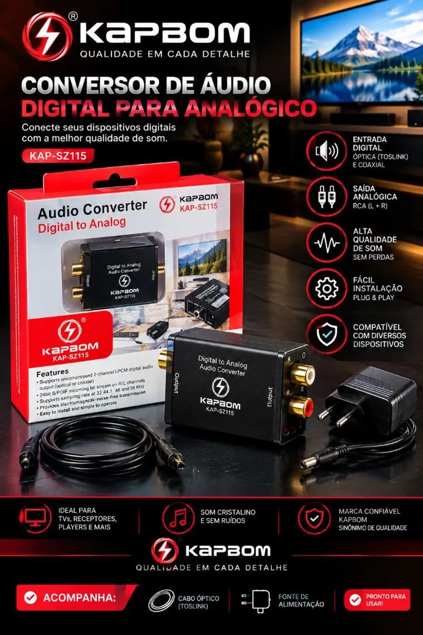 Conversor de Áudio Digital para Analógico Kapbom com fonte e Cabo óptico 