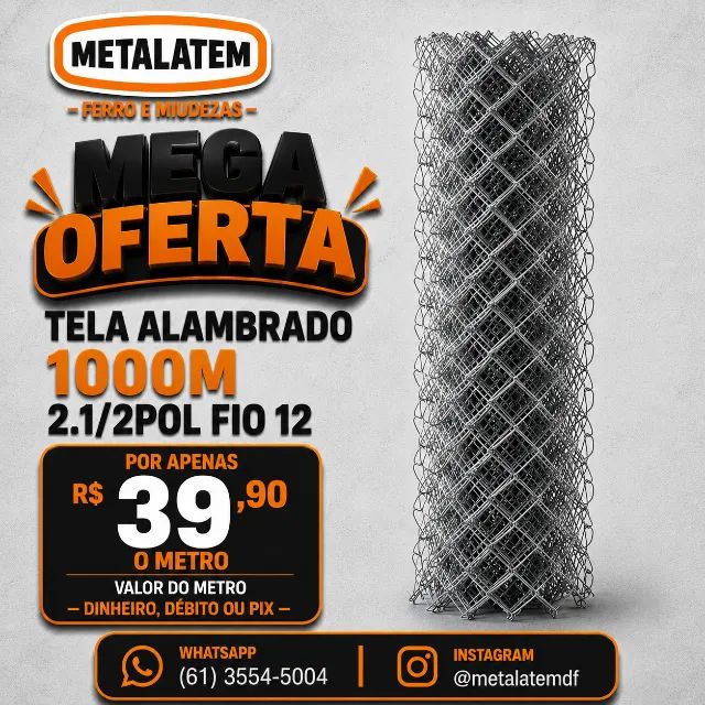 Tela Alambrado Galvanizada 1,00 m - Malha 2.1/2" | Fio 12 | Vendida por Metro