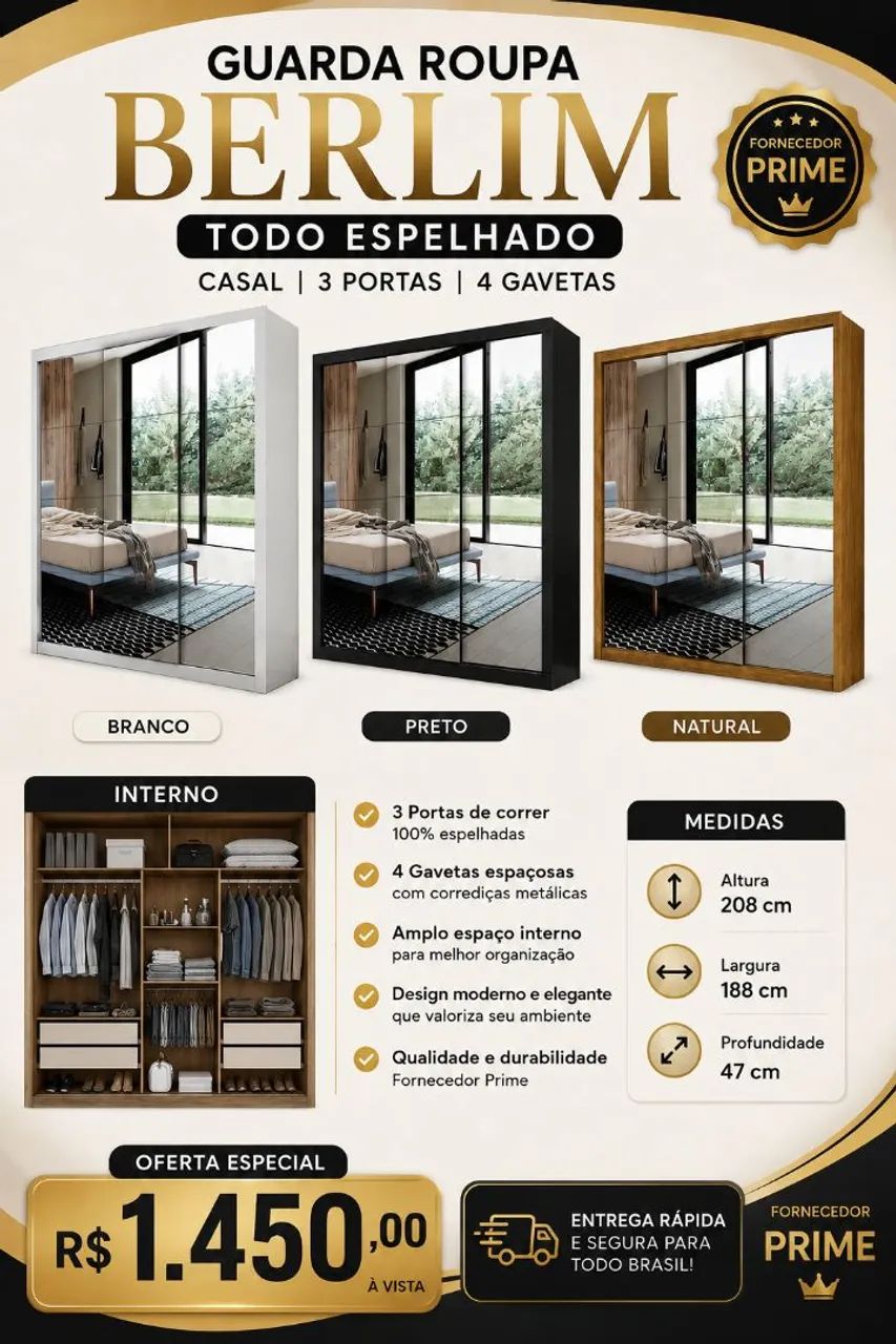 Guarda roupa Berlim com 3 espelhos pague na entrega 
