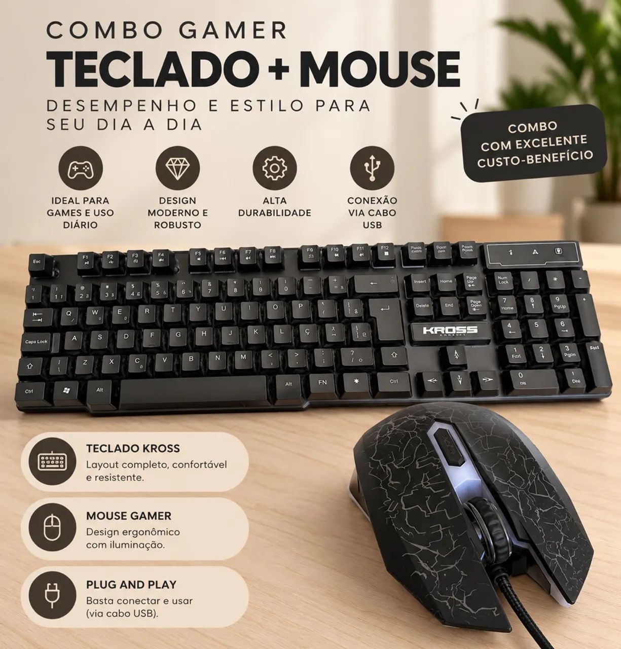 Teclado Kross Gaming e Mouse gamer com fio