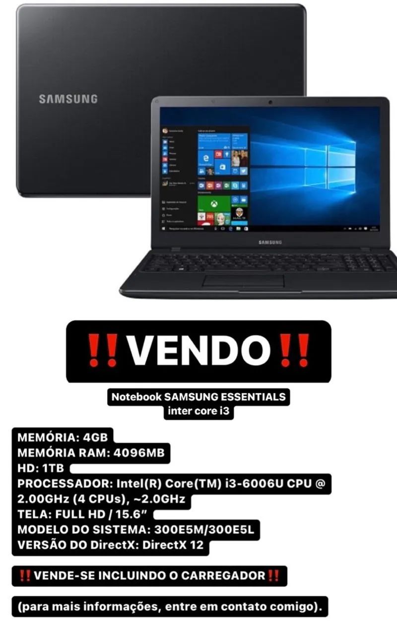 Notebook Samsung Essentials i3 6006U 4GB RAM 1TB HD