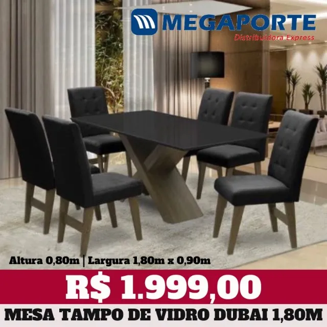 Mesa de Jantar 6 Cadeiras com Tampo de Vidro 1,80m (Novo) Entrega Grátis!