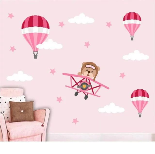 Adesivo de Parede Ursinha Aviadora para decoração de quarto Infantil/Criança/Bebê