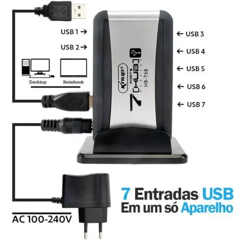 MINI HUB USB 2.0, 7 Portas, Hb-t68, Knup, C Fonte