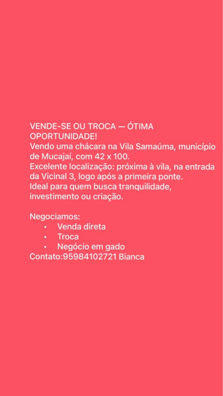 Vende- se chácara na Vila Samaúma, município de Mucajaí