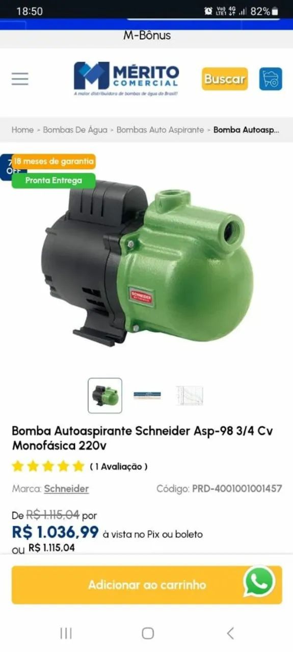 Bomba Autoaspirante Schneider Asp-98 3/4 Cv Monofásica 220v
