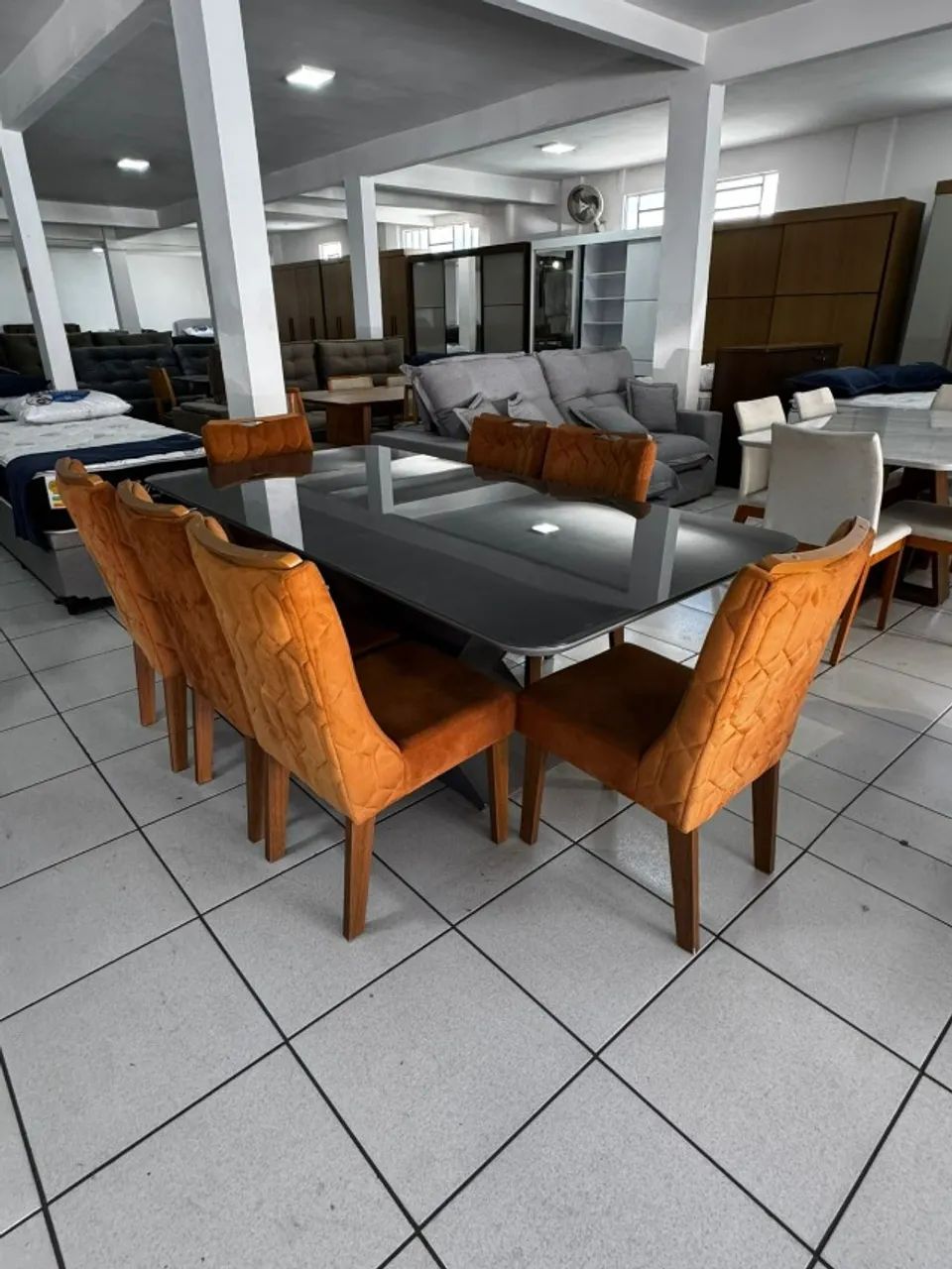 Mesa De Jnata Tampo De Vidro Com 8 Cadeiras