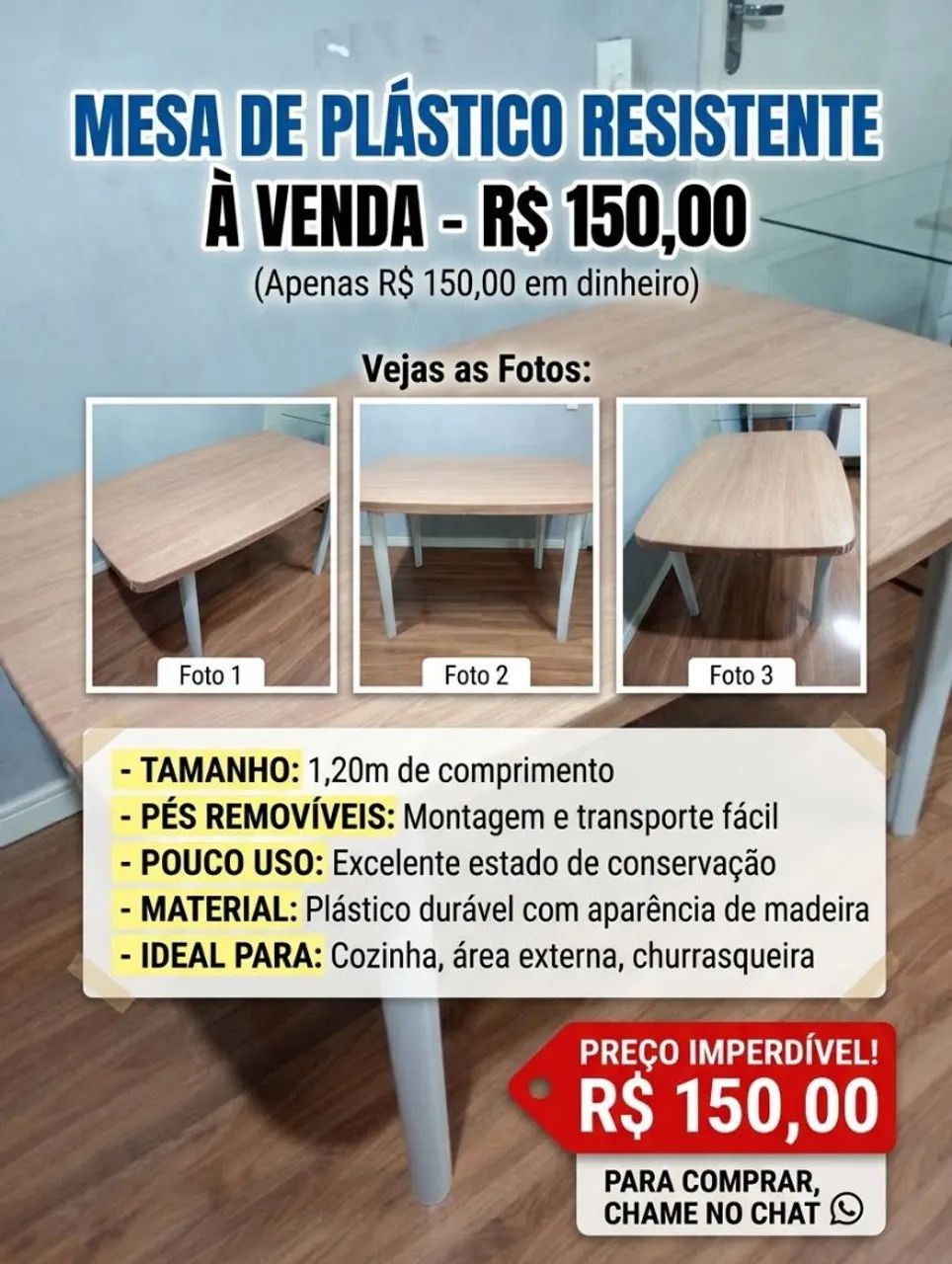 Mesa de plástico com pés removíveis 