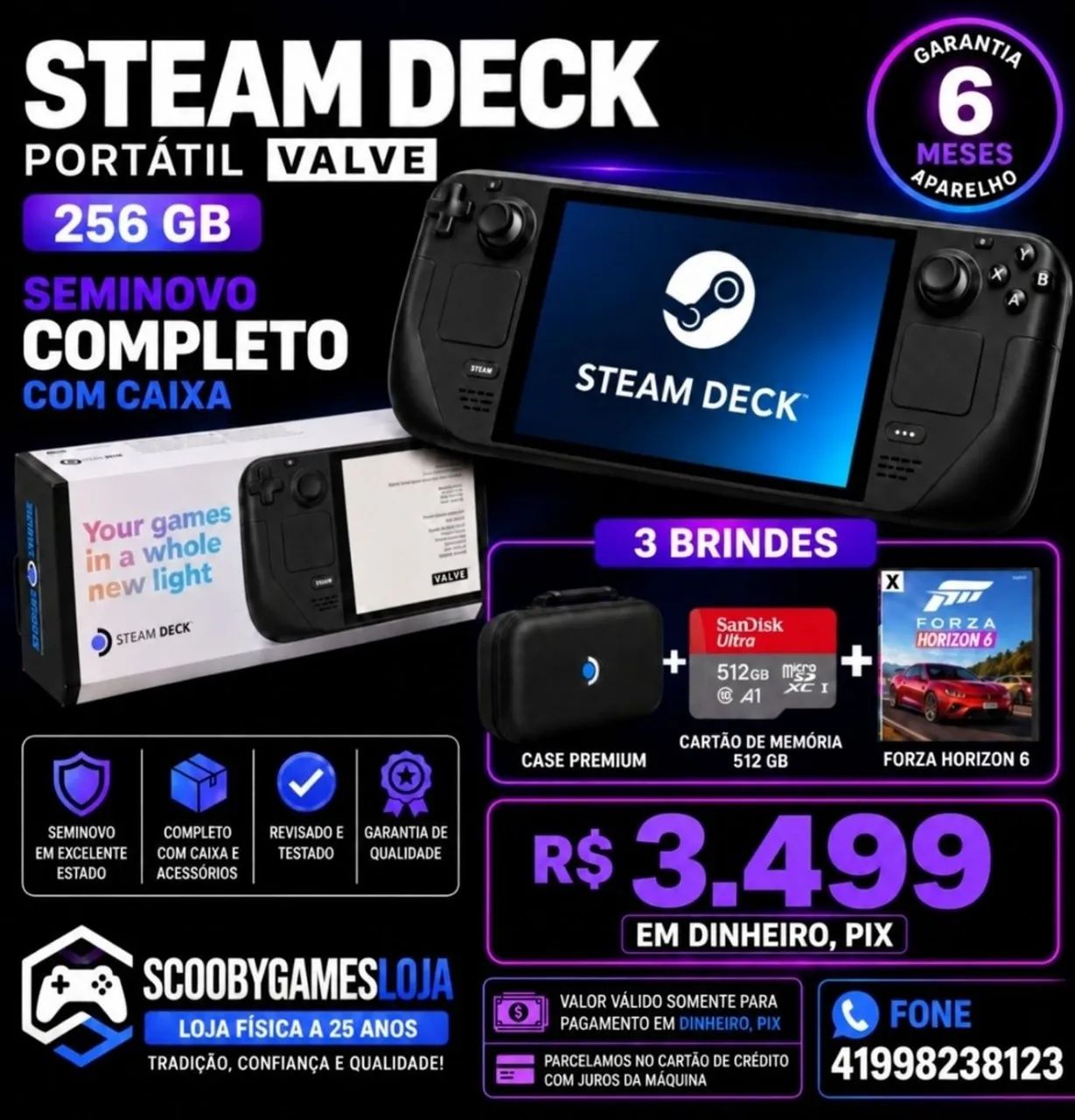 STEAM DECK VALVE 256 GB SEMINOVO,2 BRINDES, GARANTIA, LOJA